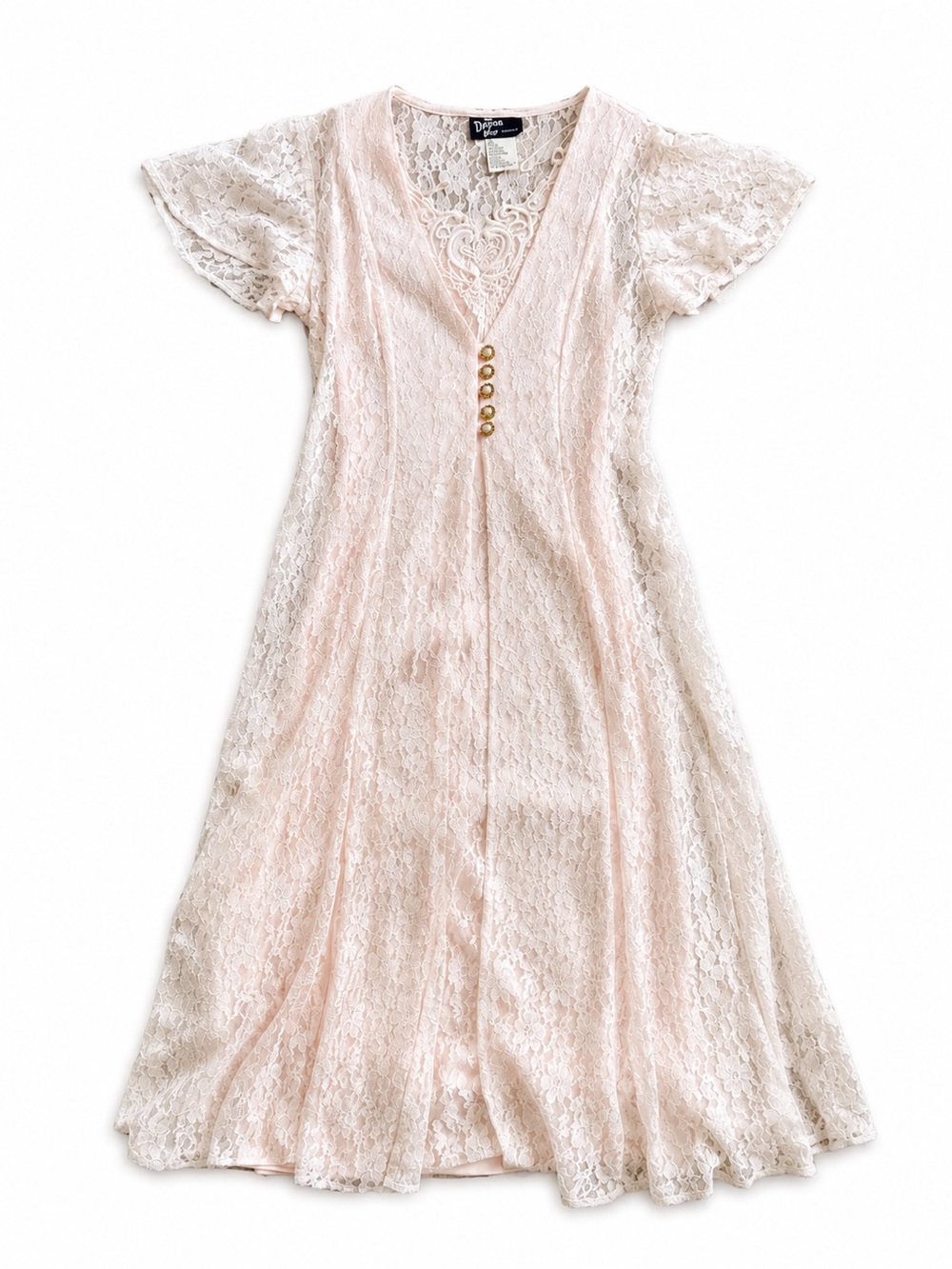 Vintage 80s Pink Lace Prairie Dress Cottagecore Romantic Petite 8P Made in USA